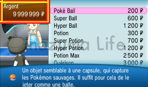 Cheats Pokemon X e Y (Citra & 3DS) 1 Kalem faisant des achats à la boutique avec 9 999 999 Pokédollars après activation du code d’argent infini (XY)