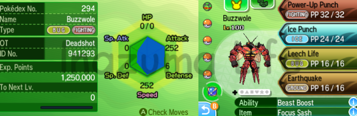 Cheats Pokemon Sol y Luna (3DS y Citra) 15 EV visibili di Buzzwole nella schermata delle statistiche in Pokémon Luna