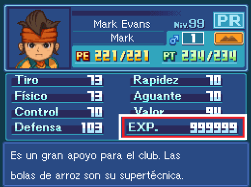 Cheats Inazuma Eleven 1 (NDS) 6 Mark Evans with 999999 experience points in IE1