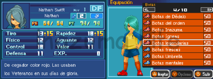 Trucos y Cheats Inazuma Eleven 2 Tormenta de Fuego y Ventisca Eterna 3 Nathan con botas legendarias equipadas para subir tiro y rapidez en +15