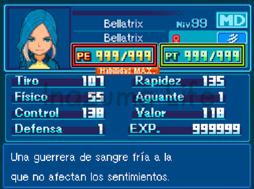 Bellatrix con 999 PE y 999 PT en Inazuma Eleven 2