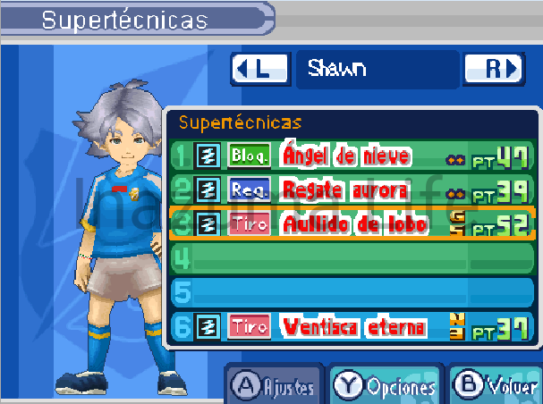 Cheats Inazuma Eleven 3 The Ogre (NDS), Bomber y Spark | Trucos para DraStic y Desmume 15 Shawn con las supertécnicas desordenadas tras usar el código en DeSmuMe