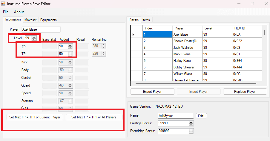 Inazuma Eleven 2 Save Editor editing TP + FP