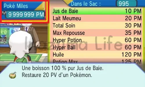 Brendan exchanging 9,999,999 Poké Miles for items at the Poké Miles Center in Mauville City 