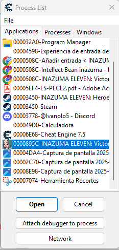 inazuma eleven victory road seleccionado en la lista de procesos abiertos de cheat engine