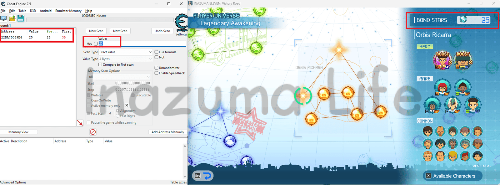 Cómo conseguir Estrellas de Vínculo Infinitas en Inazuma Eleven Victory Road (Guía Cheat Engine) 5 Exact number of Bond Stars (25) found in our Inazuma Eleven Victory Road game