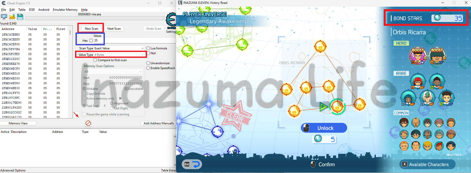 Cómo conseguir Estrellas de Vínculo Infinitas en Inazuma Eleven Victory Road (Guía Cheat Engine) 2 First scan to find the 35 bond stars in my inventory on Cheat Engine
