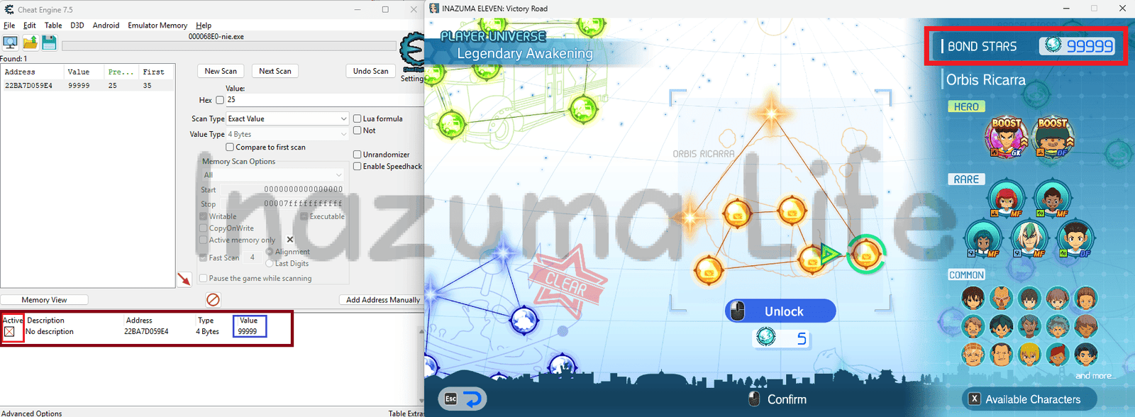 Cómo conseguir Estrellas de Vínculo Infinitas en Inazuma Eleven Victory Road (Guía Cheat Engine) 7 Infinite Bond Stars in Inazuma Eleven Victory Road after modifying their value to 99999