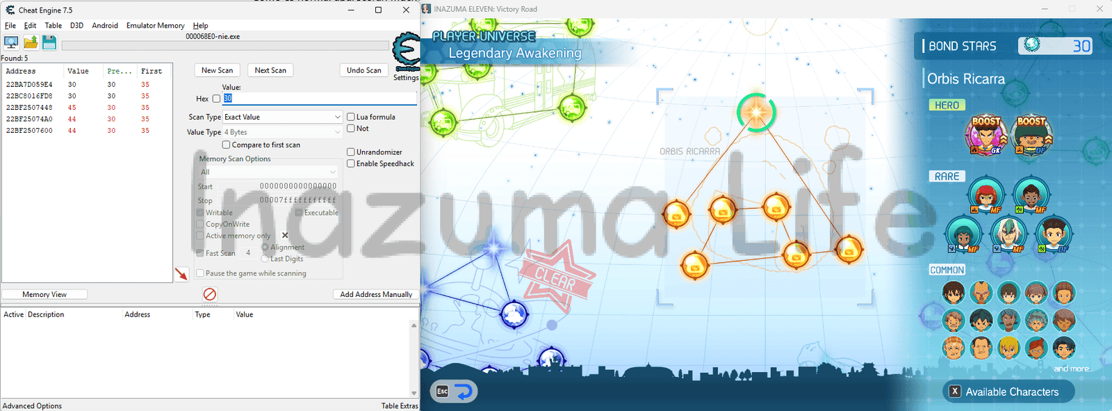 Cómo conseguir Estrellas de Vínculo Infinitas en Inazuma Eleven Victory Road (Guía Cheat Engine) 4 Second scan where the results obtained have been considerably reduced