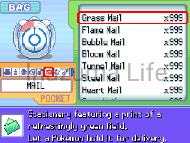 Carta hierba x99 tras usar el código Action Replay en Pokémon Platino