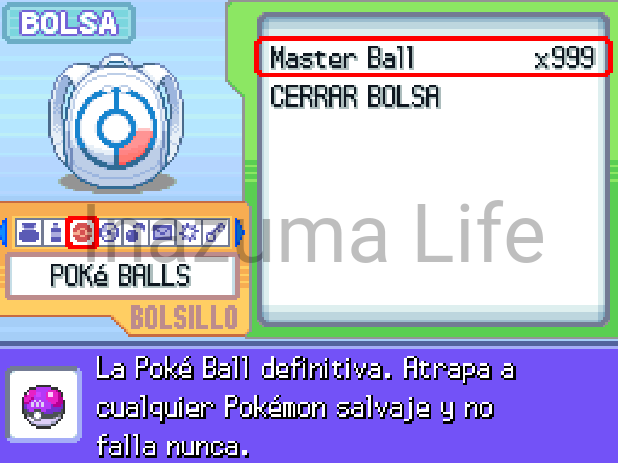 Master Ball x999 en la Mochila tras activar el código de Poké Balls infinitas