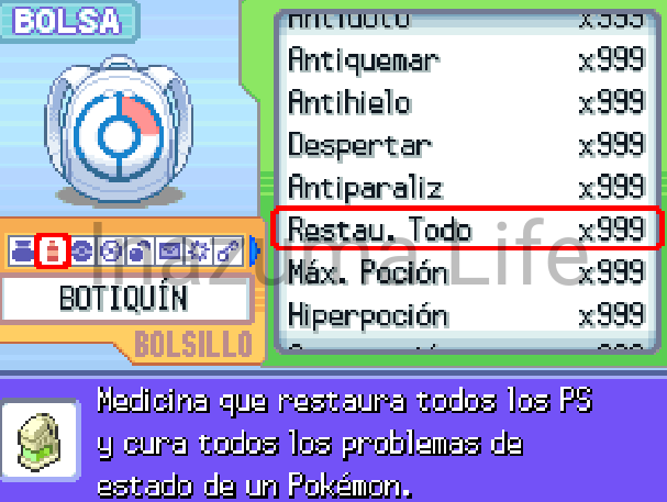 Botiquín completo en Pokémon Platino: Restaurar Todo x999 tras activar el código de objetos medicinales