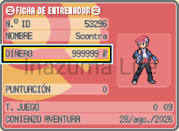 León en la Ficha de Entrenador con 999.999 Pokécuartos tras activar el código de dinero infinito (Platino)