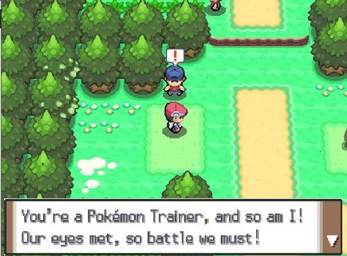 Entrenador retándonos tras usar el truco en Pokémon Platino