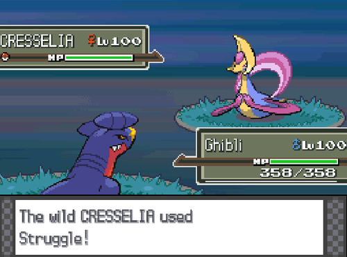 Cresselia salvaje usando combate tras quedarse sin PPs