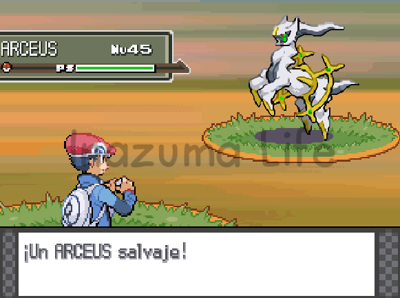 Arceus en la hierba alta tras usar el cheat para modificar Pokémon salvajes en Pokémon Platino