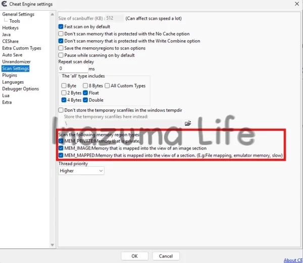 Ajustes de Cheat Engine en Scan Settings con MEM_PRIVATE, MEM_IMAGE y MEM_MAPPED activados